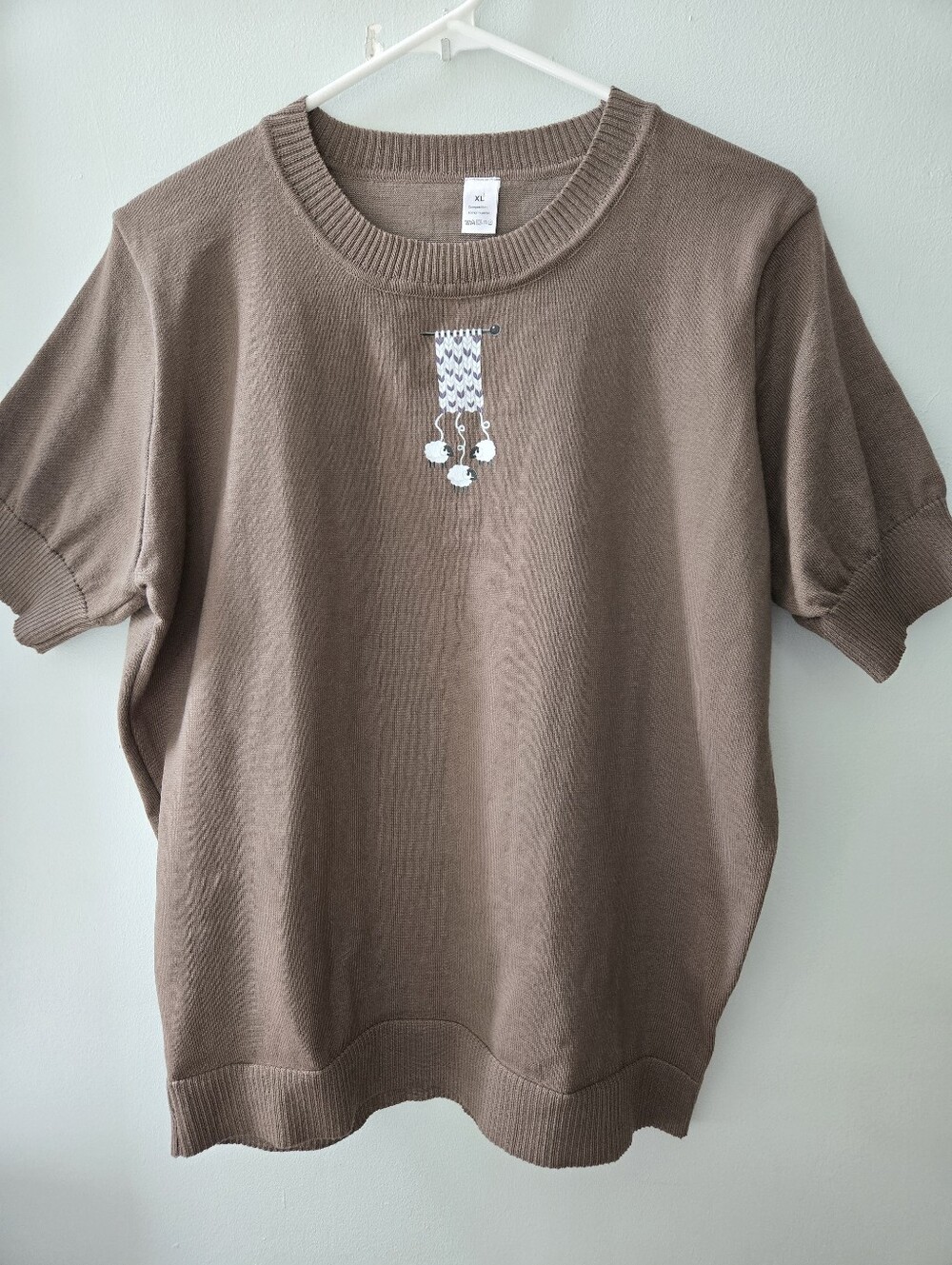 Brown XL Short-Sleeve Knit Top Whimsical Sheep Craft Knitting Neutral Unbranded